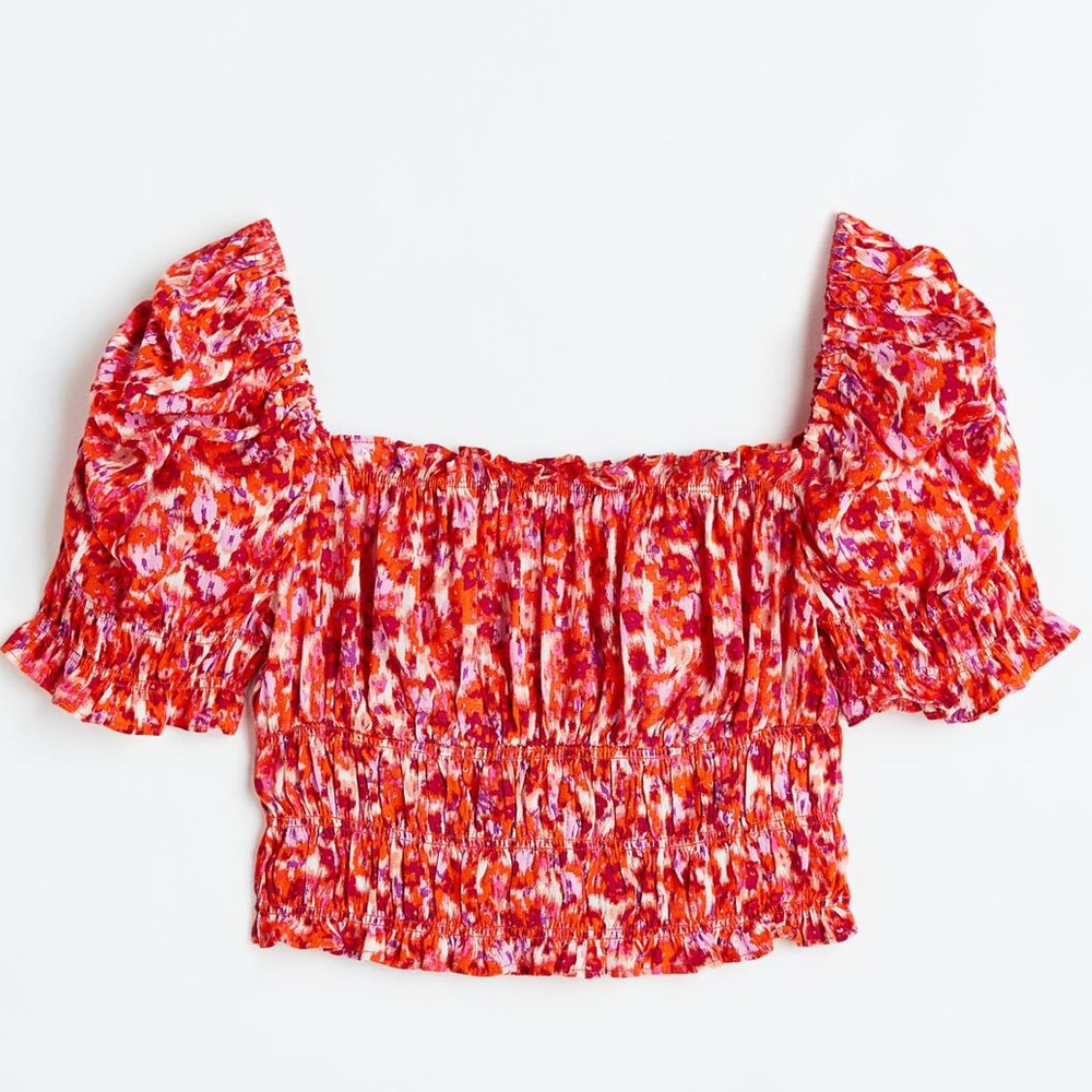 H&M Puff- Sleeved Crop Blouse Floral Size Small